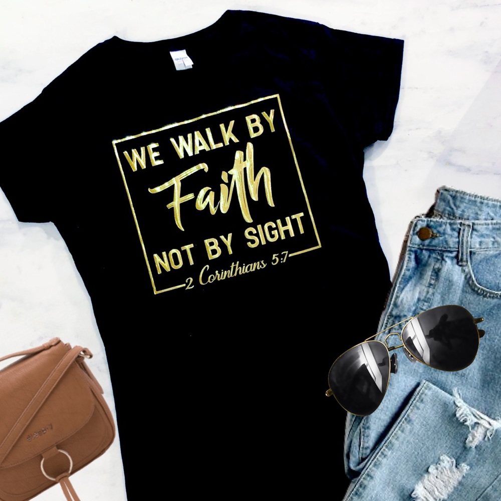 Christian Womens T Shirt Walk By Faith Graphic Tee